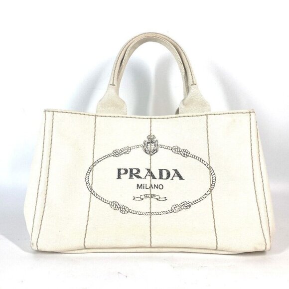 PRADA BN1877 Logo Plate Canapa CANAPA Hand Bag Tote Bag Canvas Ivory - Picture 1 of 16